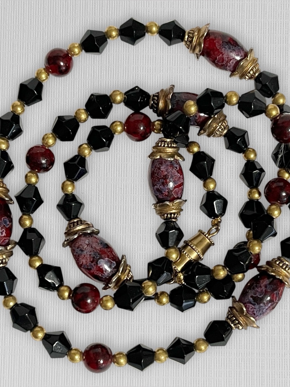 VTG Art Glass Beaded Necklace Black Purple Red Gold Tone 22” Bohemian Handmade